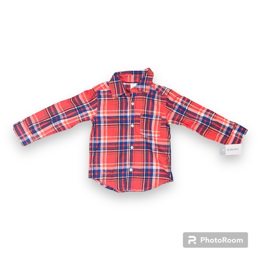 Carter's 2T Button Up Shirt Long Sleeve Plaid Orange, Blue & White (NWT)